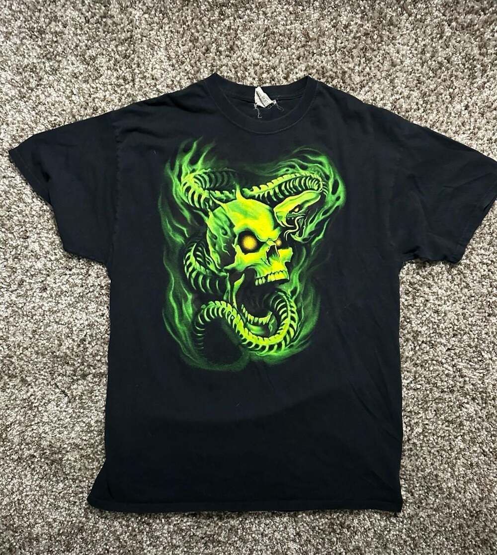 Jerzees Skull Snake T-Shirt Size XL Black Neon Green Y2K Goth